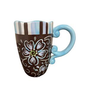 Pier 1 Imports Handpainted‎ Dolomite Coffee Mug w/Scalloped Edge Brown Blue